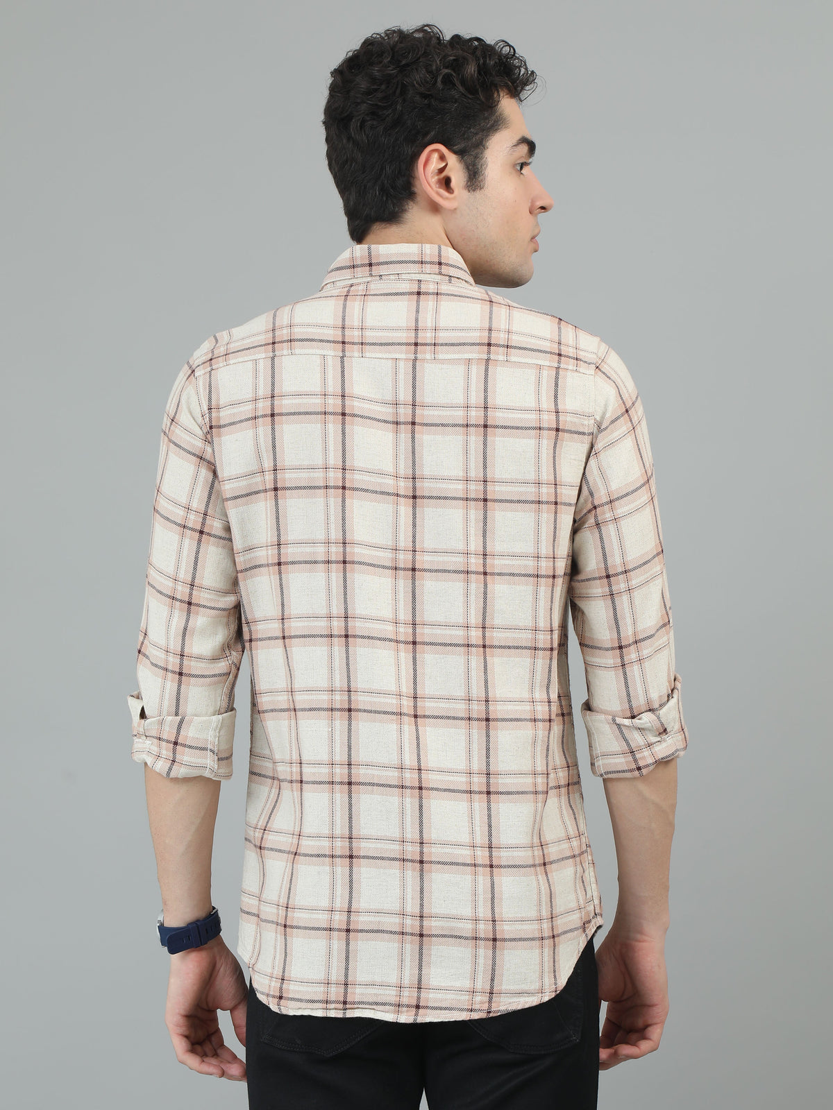 Men Beige Slim Fit Checks Full Sleeve Casual Shirt