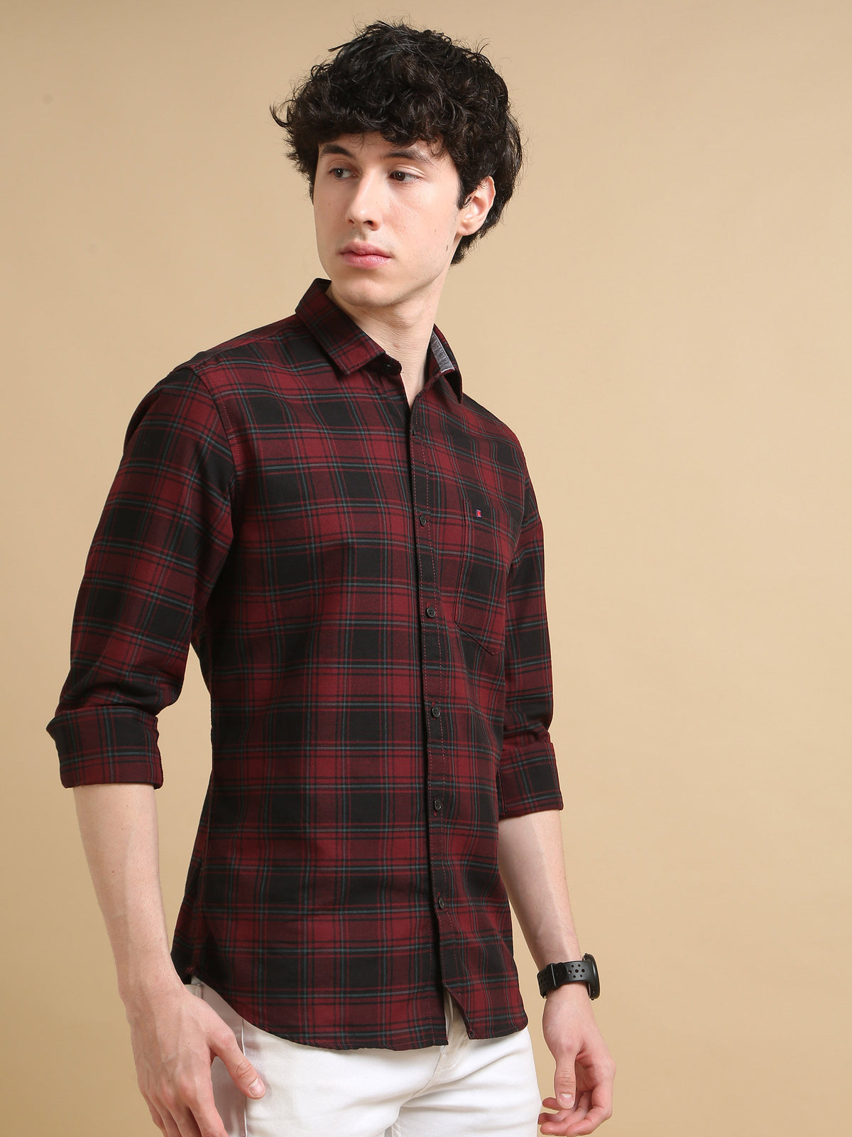 Men Maroon Slim Fit Checks Full Sleeve Casual Shirt