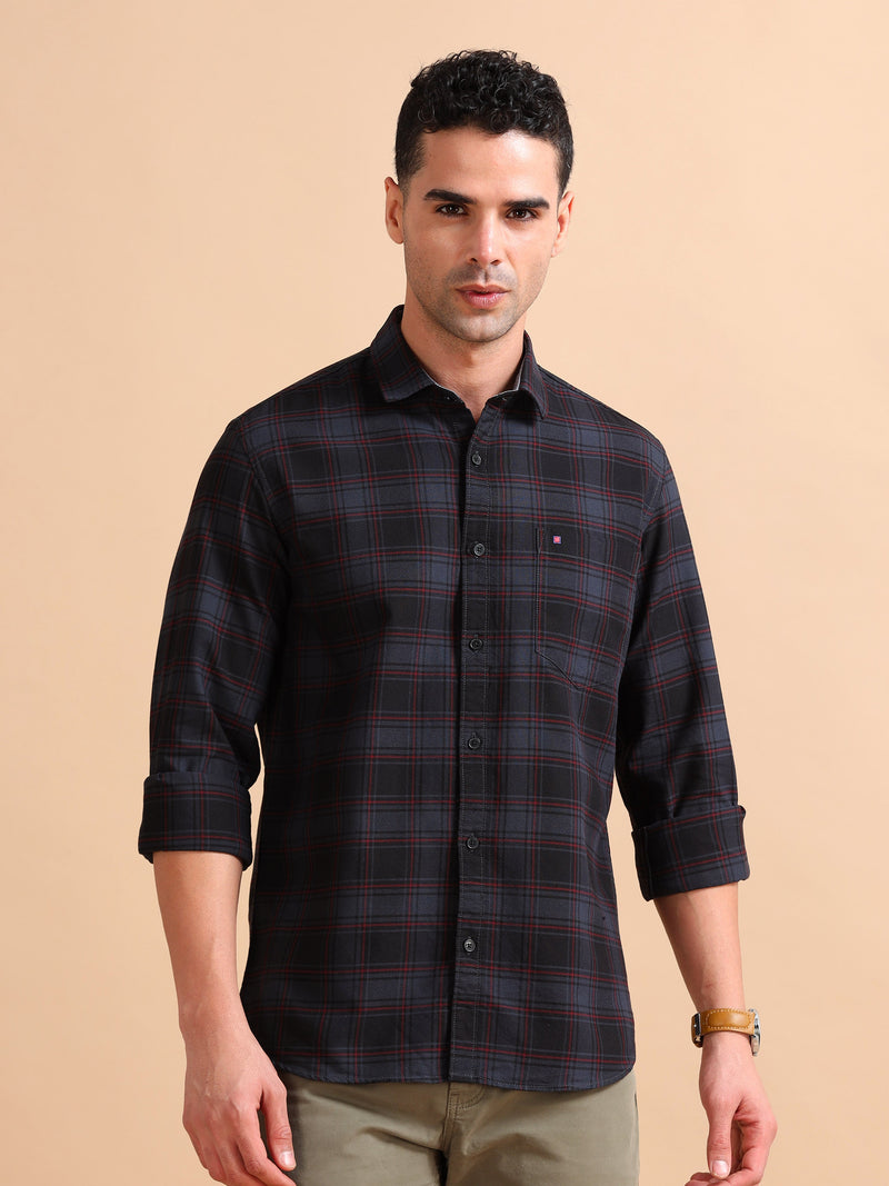 Men Dark Grey Slim Fit Checks Full Sleeve Casual Shirt