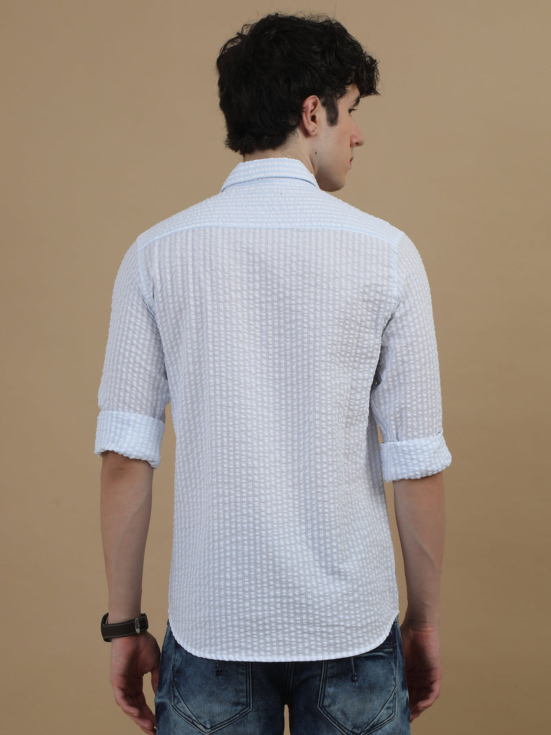 Men White & Grey Slim Fit Popcorn Stripes Full Sleeve Casual Shirt