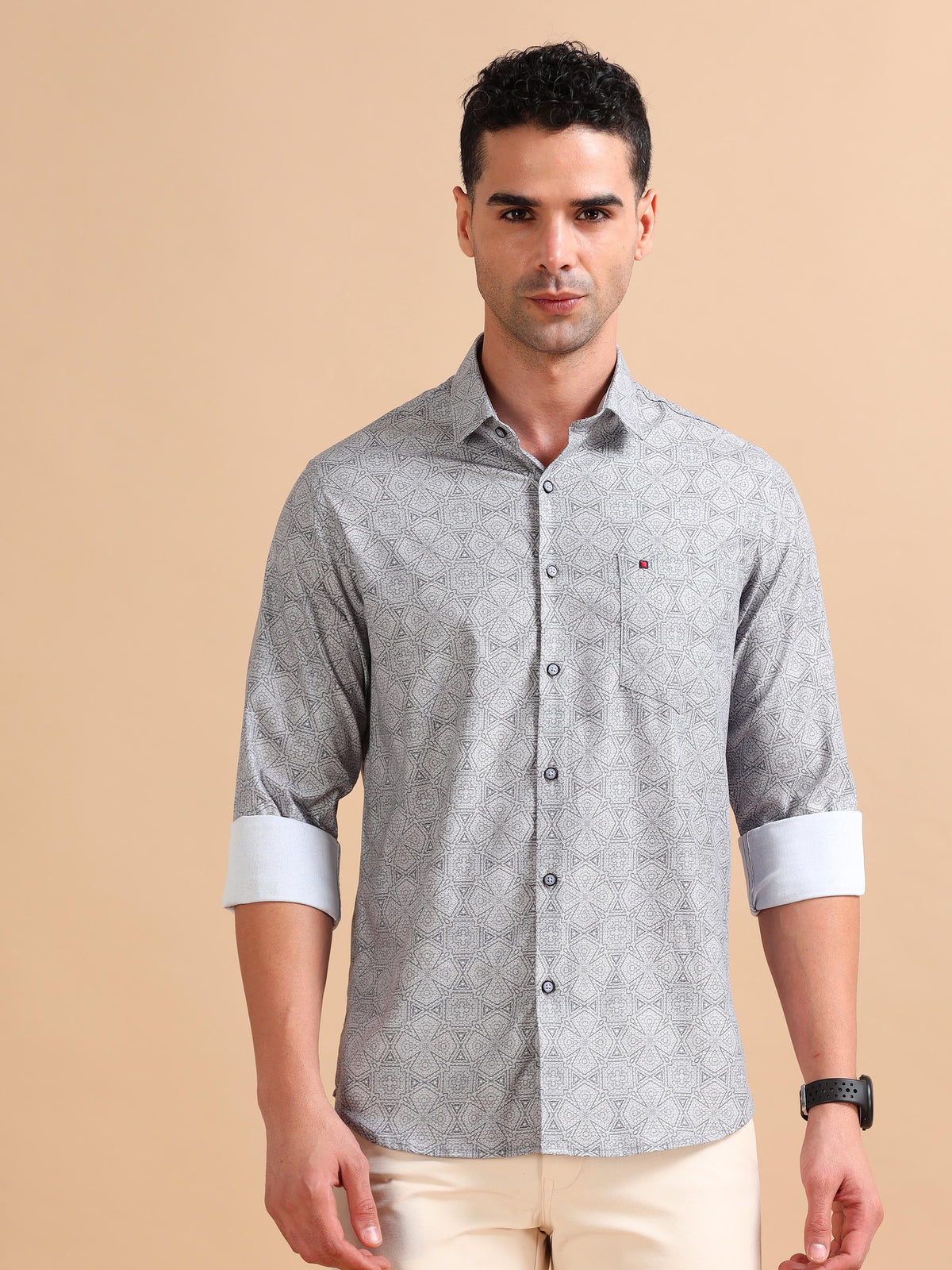 Men Grey Slim Fit Printed Full Sleeve Casual Shirt