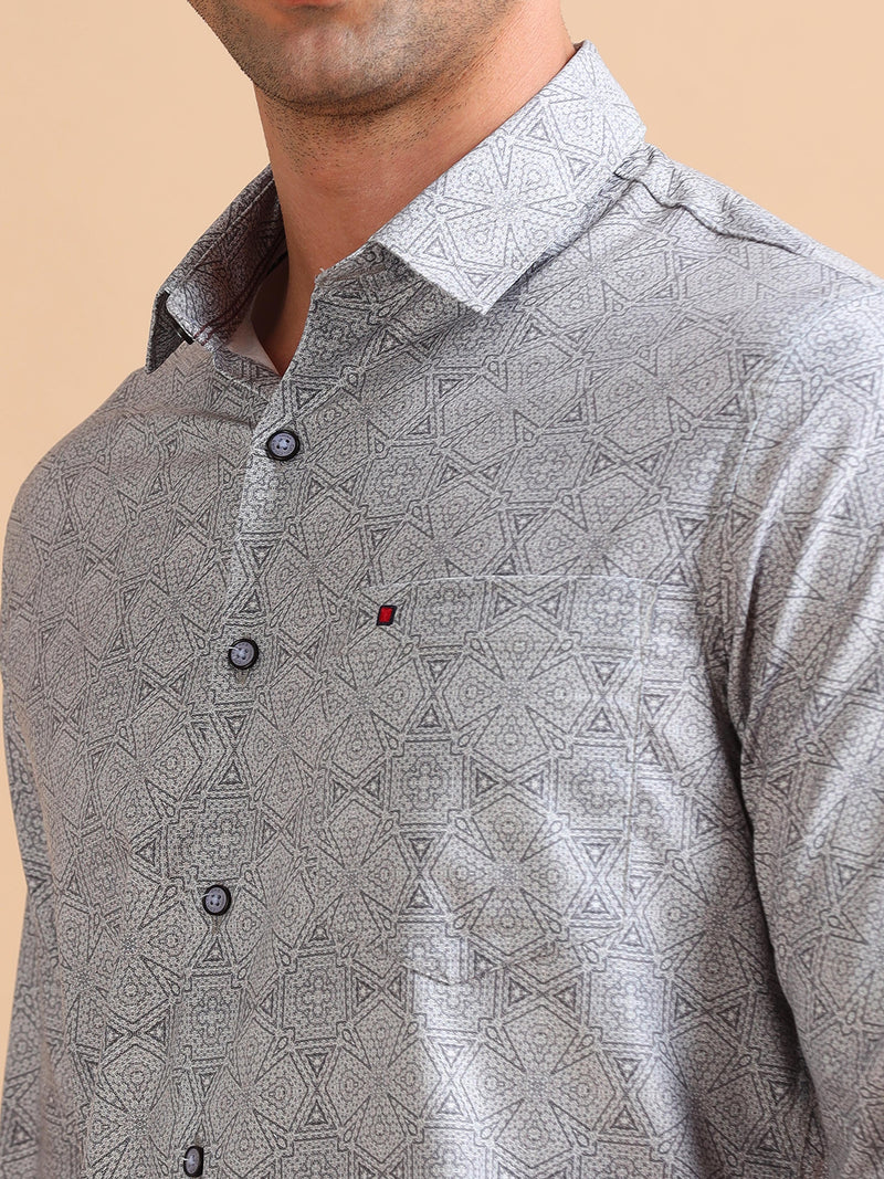 Men Grey Slim Fit Printed Full Sleeve Casual Shirt