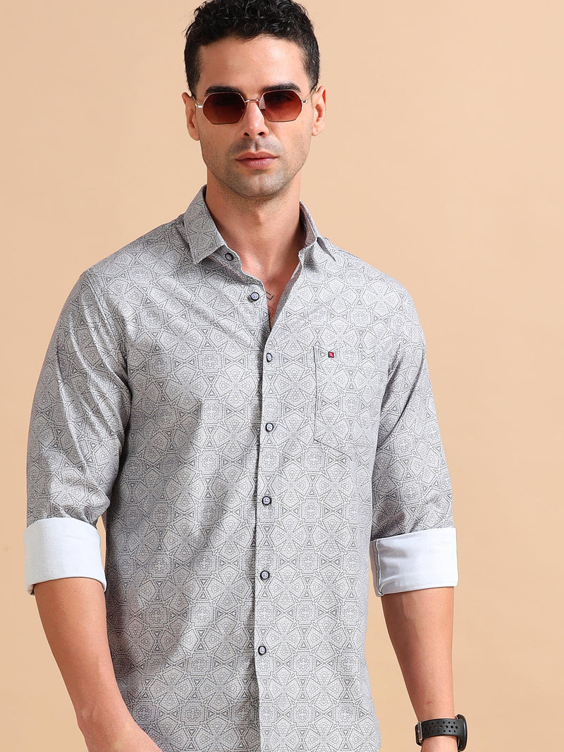 Men Grey Slim Fit Printed Full Sleeve Casual Shirt