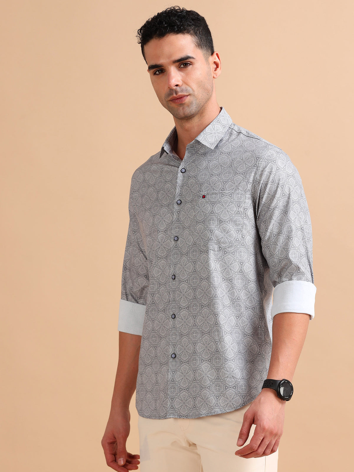 Men Grey Slim Fit Printed Full Sleeve Casual Shirt