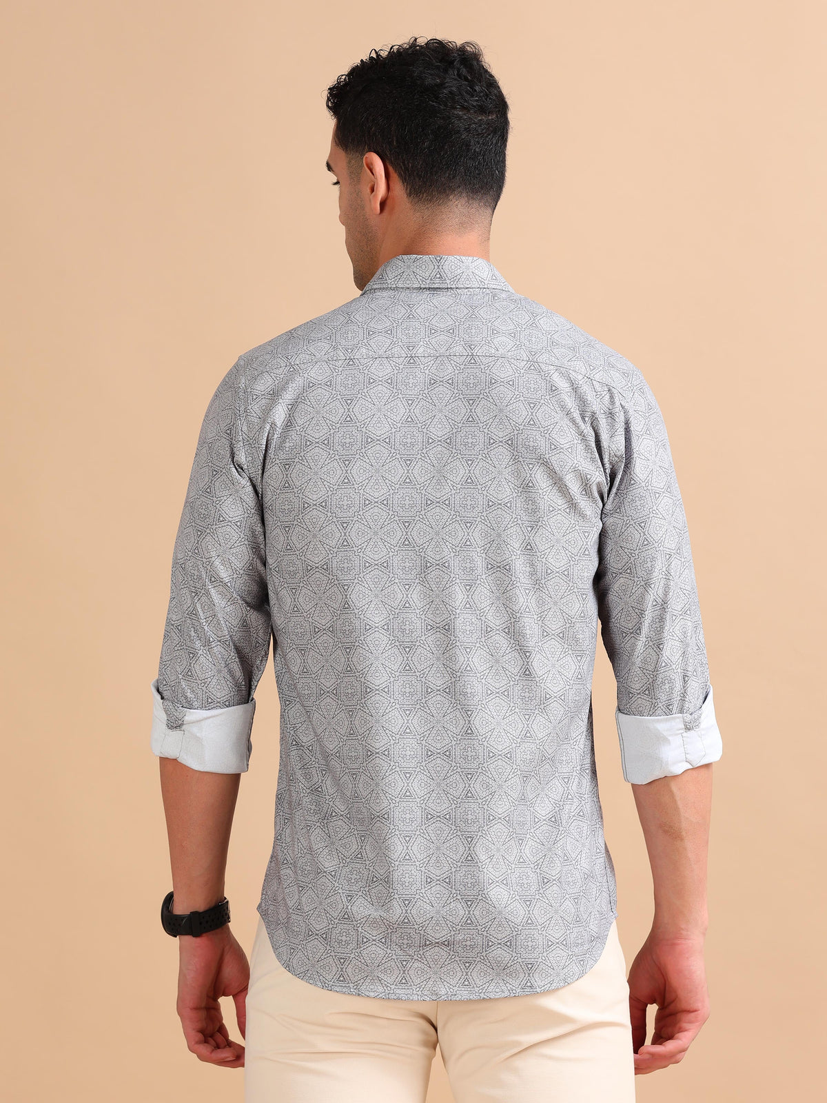 Men Grey Slim Fit Printed Full Sleeve Casual Shirt