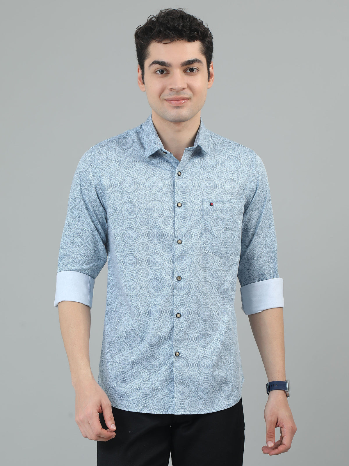 Men Sky Blue Slim Fit Printed Full Sleeve Casual Shirt