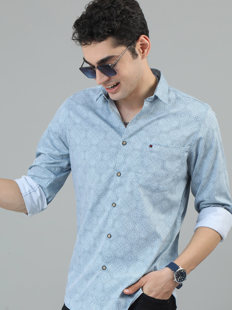 Men Sky Blue Slim Fit Printed Full Sleeve Casual Shirt