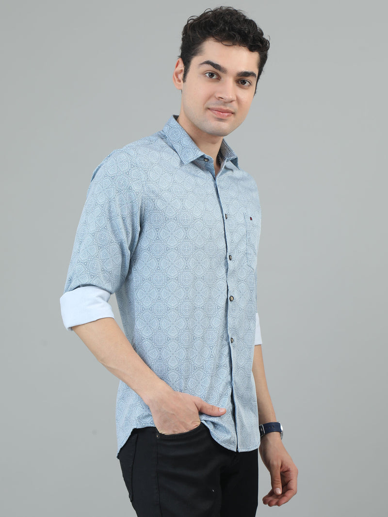 Men Sky Blue Slim Fit Printed Full Sleeve Casual Shirt