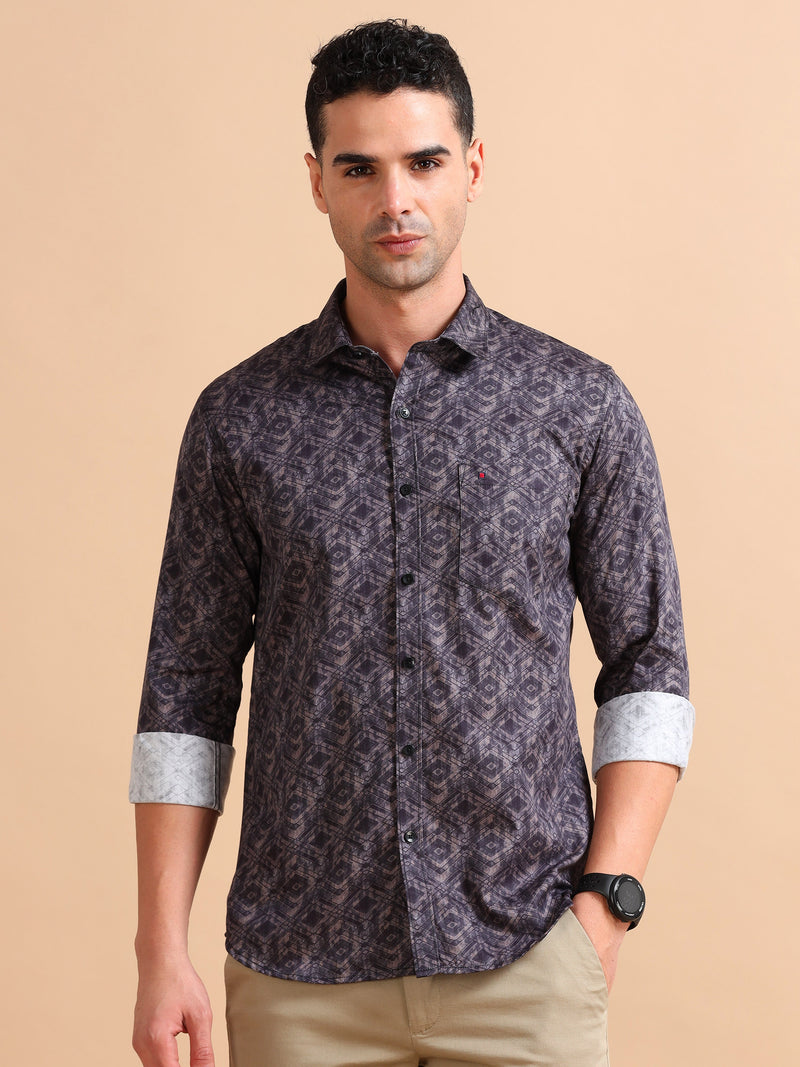 Men Brown Slim Fit Printed Full Sleeve Casual Shirt