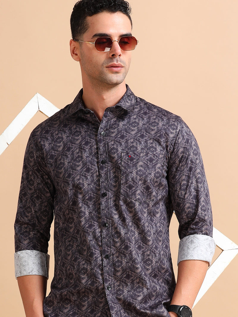 Men Brown Slim Fit Printed Full Sleeve Casual Shirt