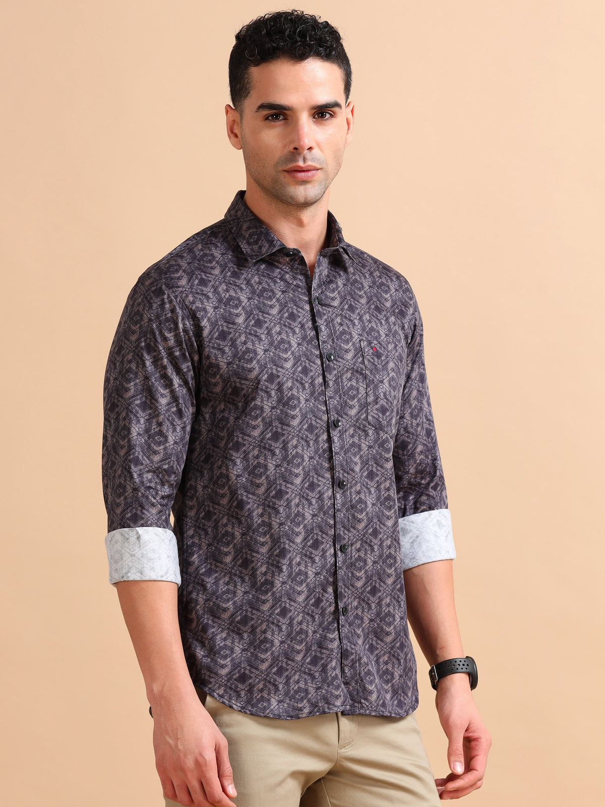 Men Brown Slim Fit Printed Full Sleeve Casual Shirt