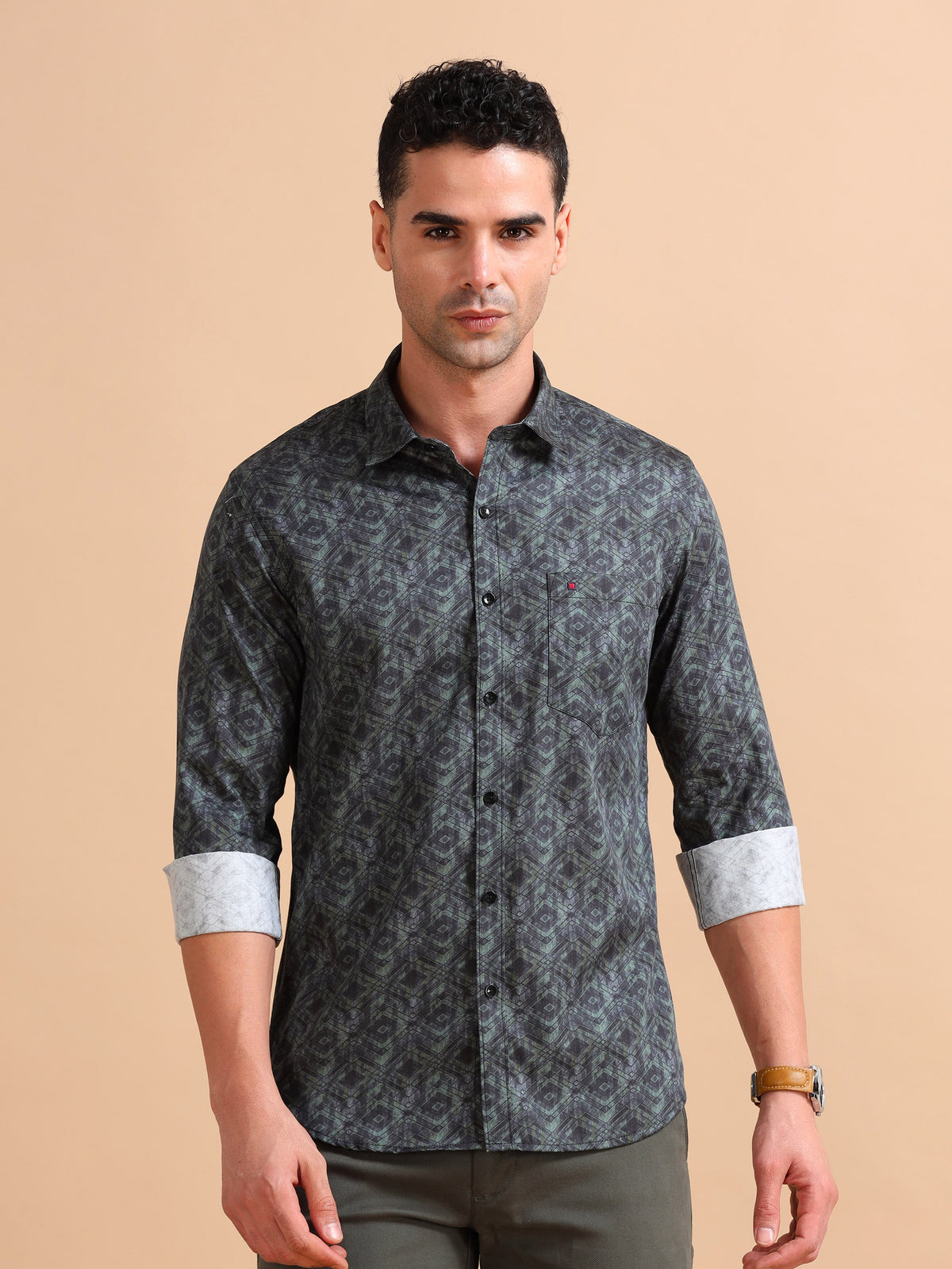 Men Green Slim Fit Printed Full Sleeve Casual Shirt