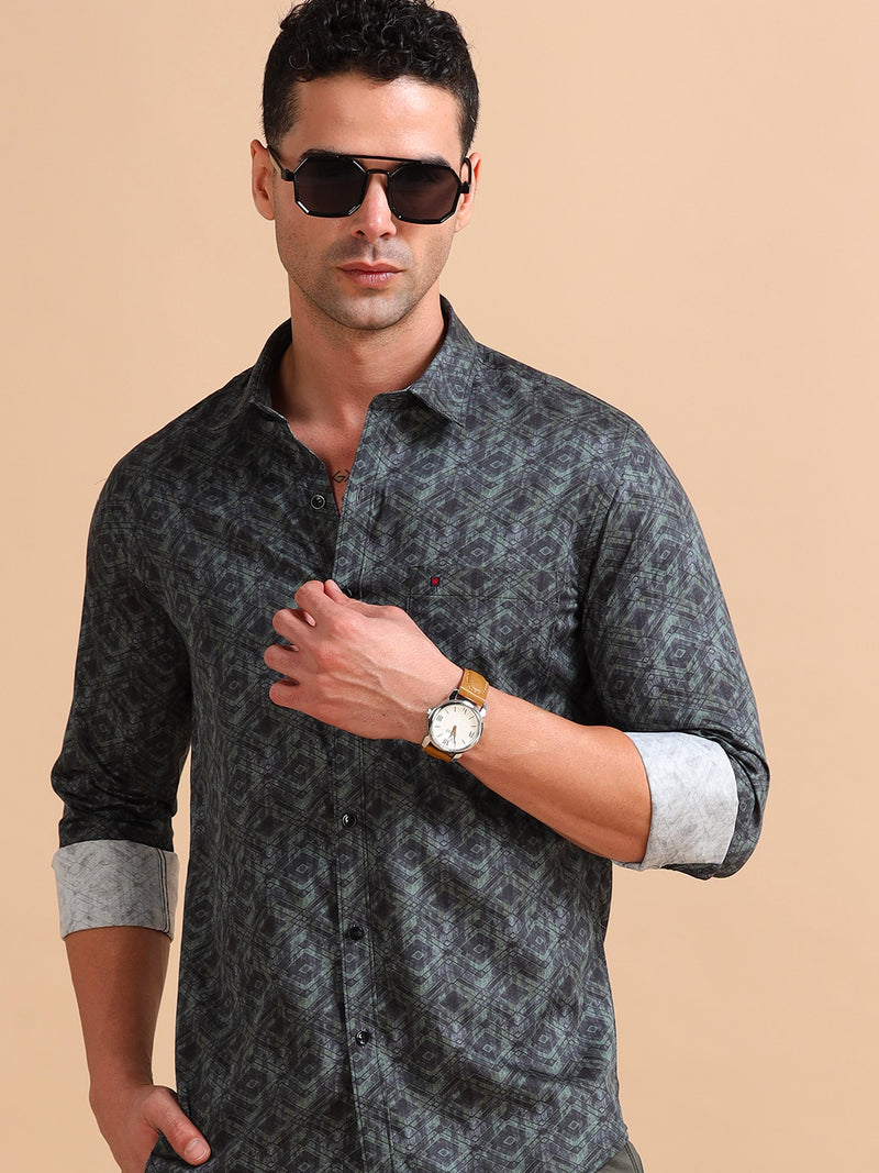 Men Green Slim Fit Printed Full Sleeve Casual Shirt