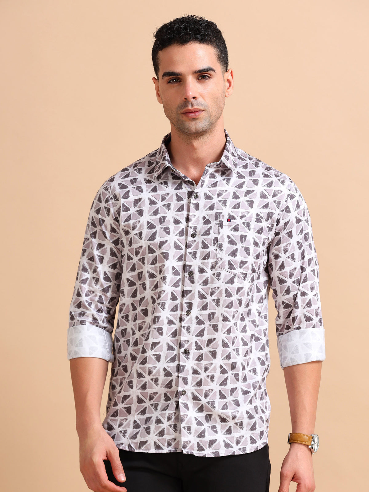 Men Brown & Beige Slim Fit Printed Full Sleeve Casual Shirt