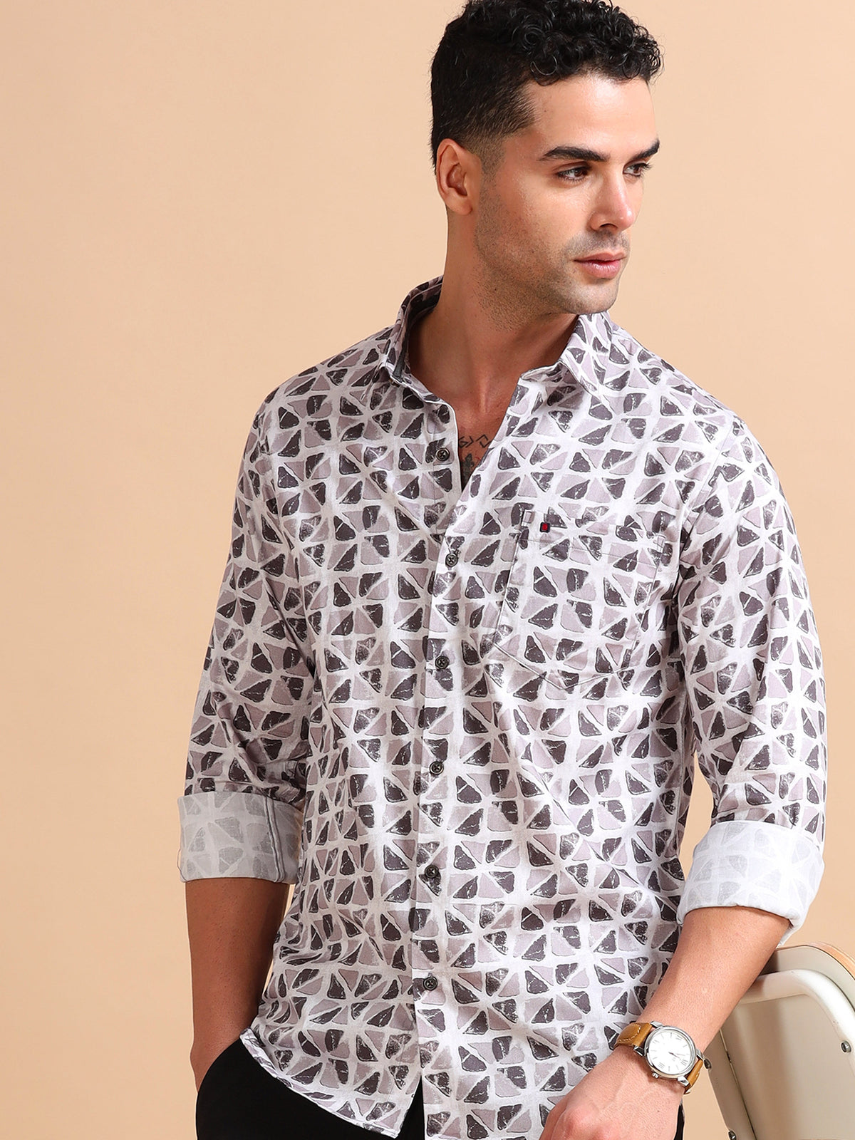 Men Brown & Beige Slim Fit Printed Full Sleeve Casual Shirt