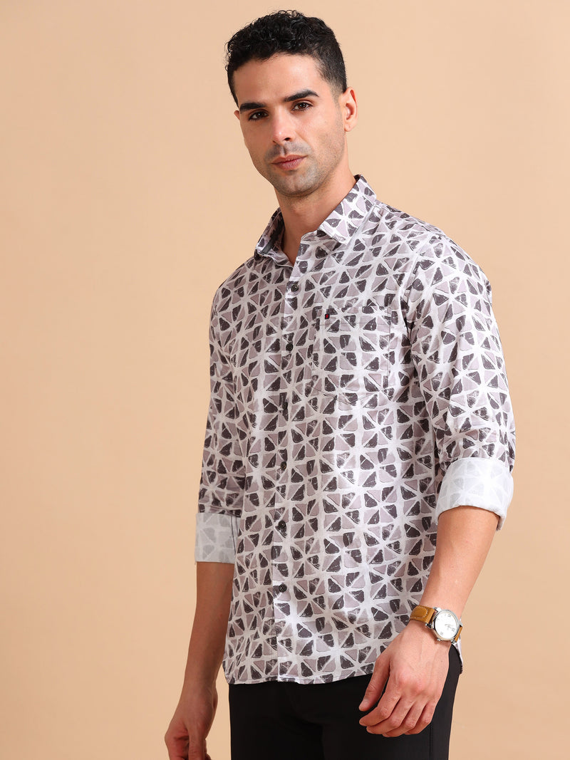 Men Brown & Beige Slim Fit Printed Full Sleeve Casual Shirt