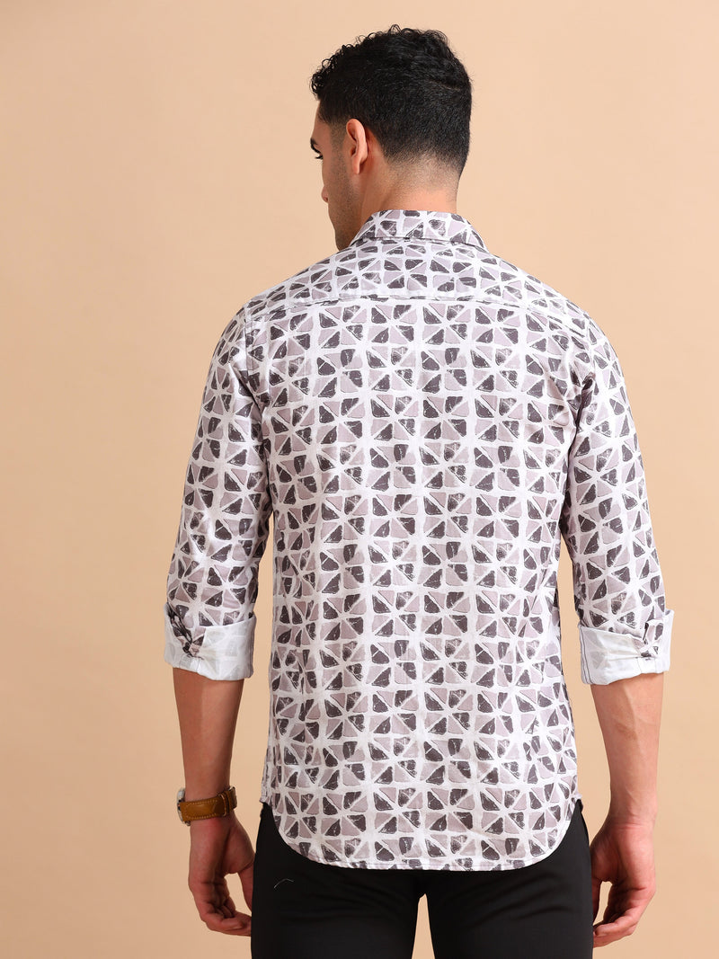 Men Brown & Beige Slim Fit Printed Full Sleeve Casual Shirt