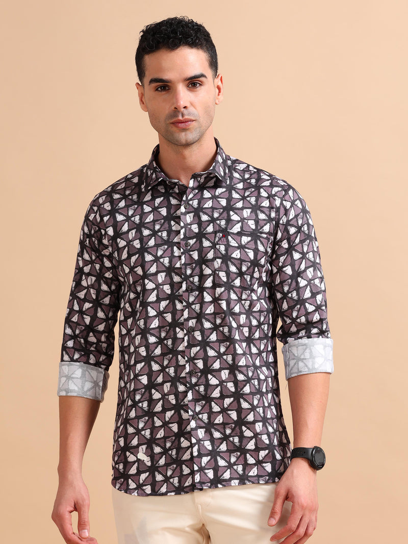 Men Dark Wine Slim Fit Printed Full Sleeve Casual Shirt