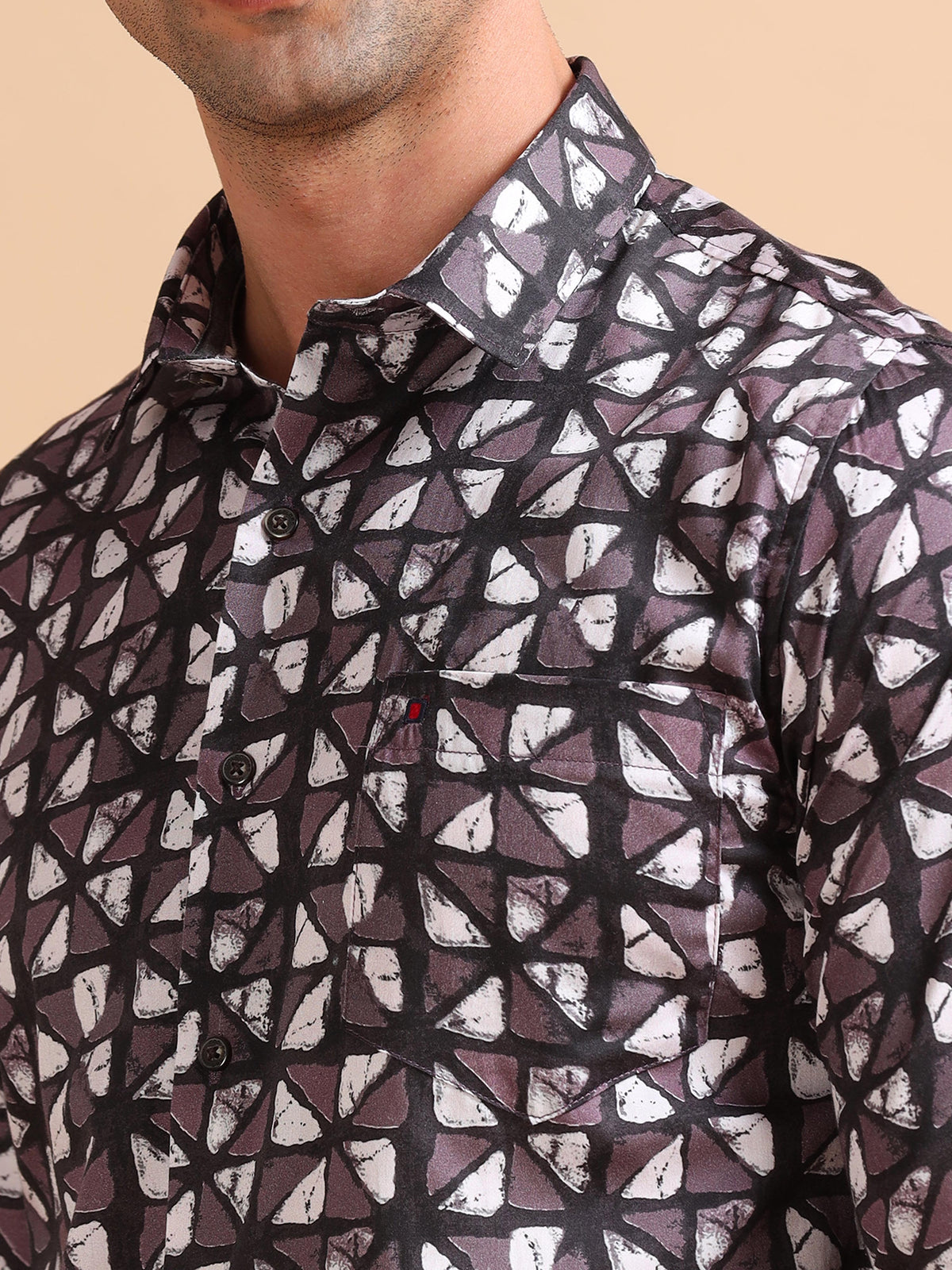 Men Dark Wine Slim Fit Printed Full Sleeve Casual Shirt