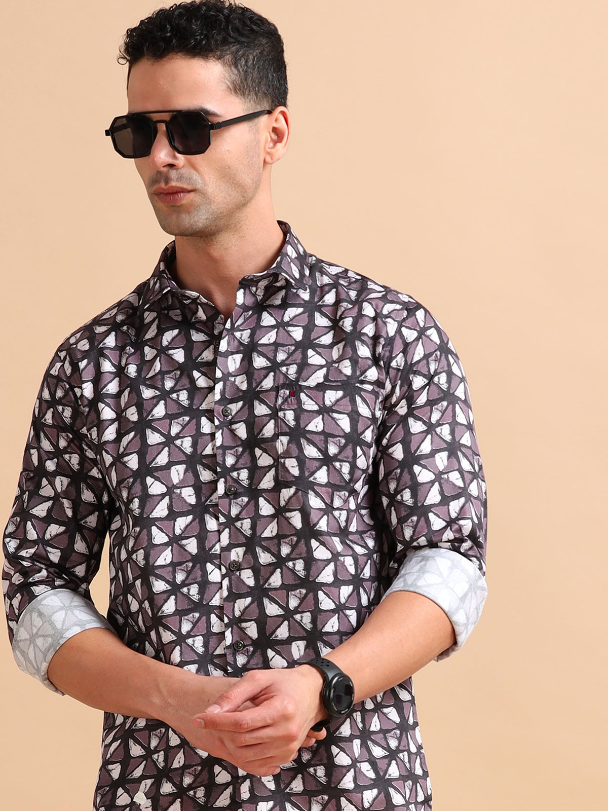 Men Dark Wine Slim Fit Printed Full Sleeve Casual Shirt