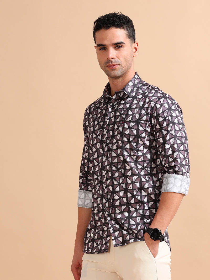 Men Dark Wine Slim Fit Printed Full Sleeve Casual Shirt