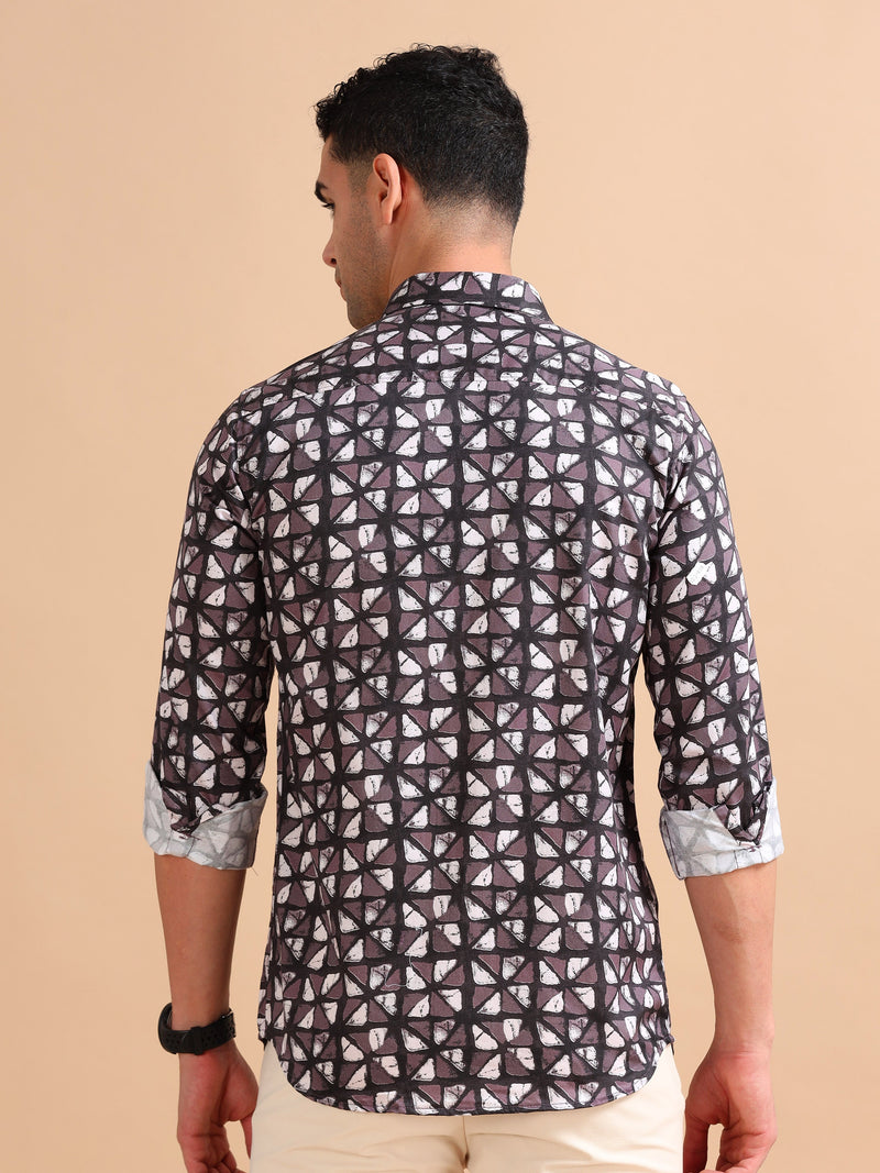 Men Dark Wine Slim Fit Printed Full Sleeve Casual Shirt