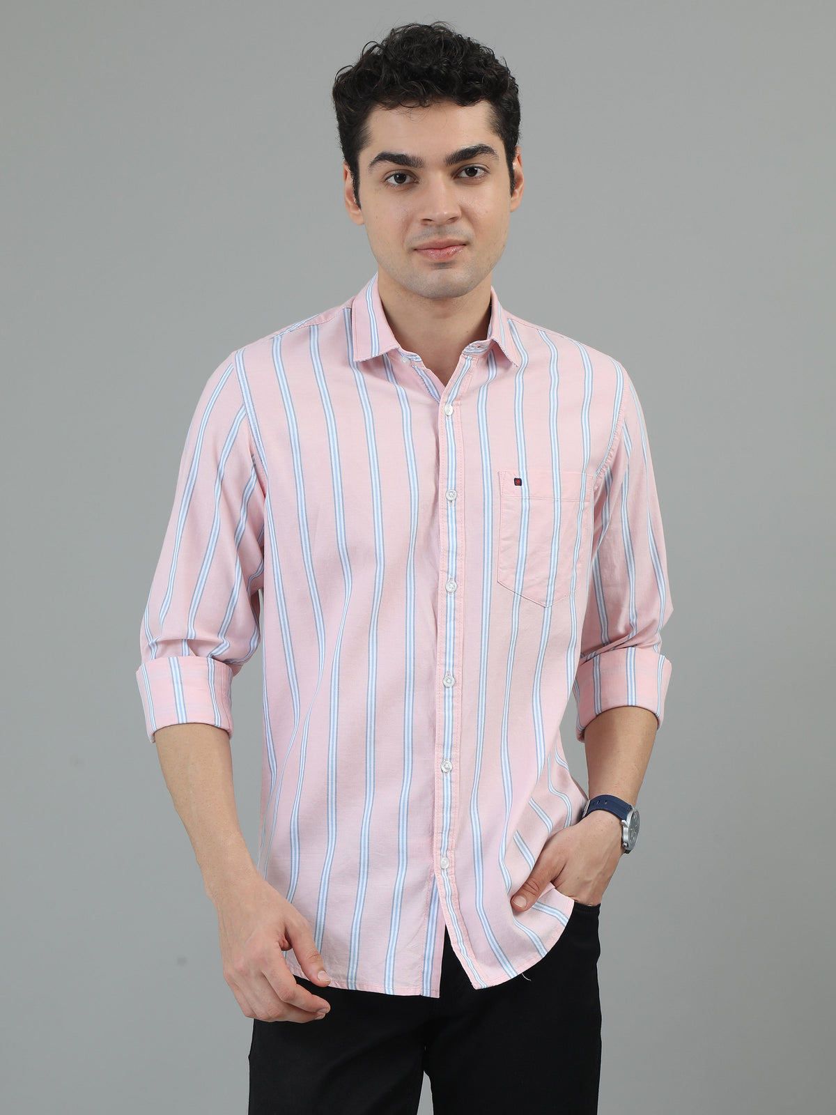 Men Light Pink Slim Fit Stripes Full Sleeve Casual Shirt