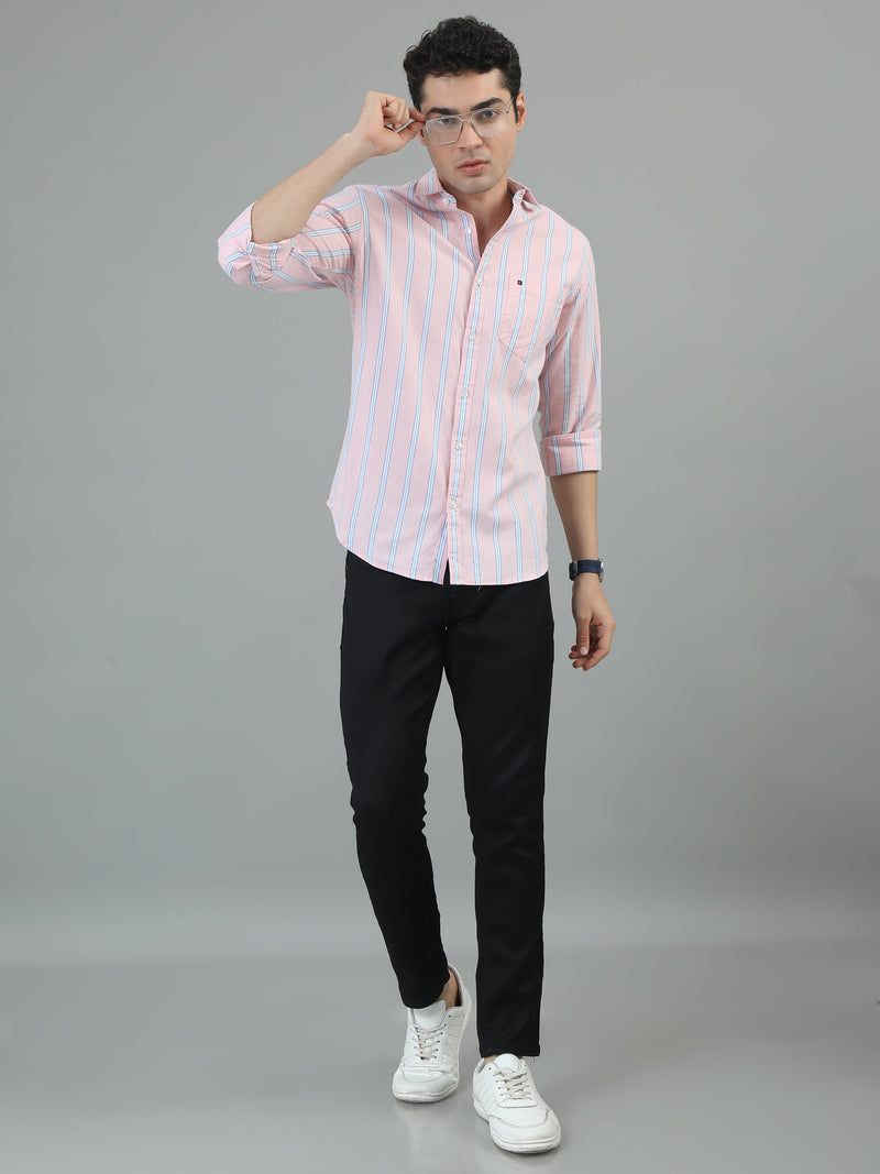 Men Light Pink Slim Fit Stripes Full Sleeve Casual Shirt