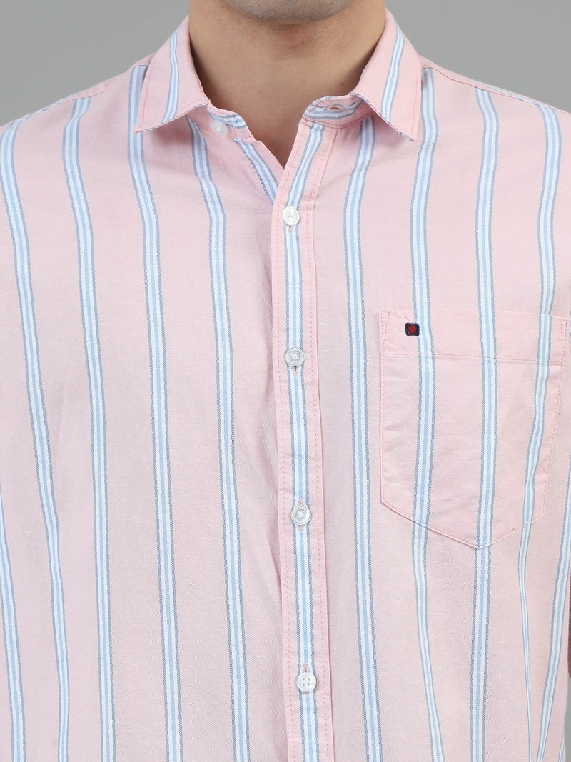 Men Light Pink Slim Fit Stripes Full Sleeve Casual Shirt