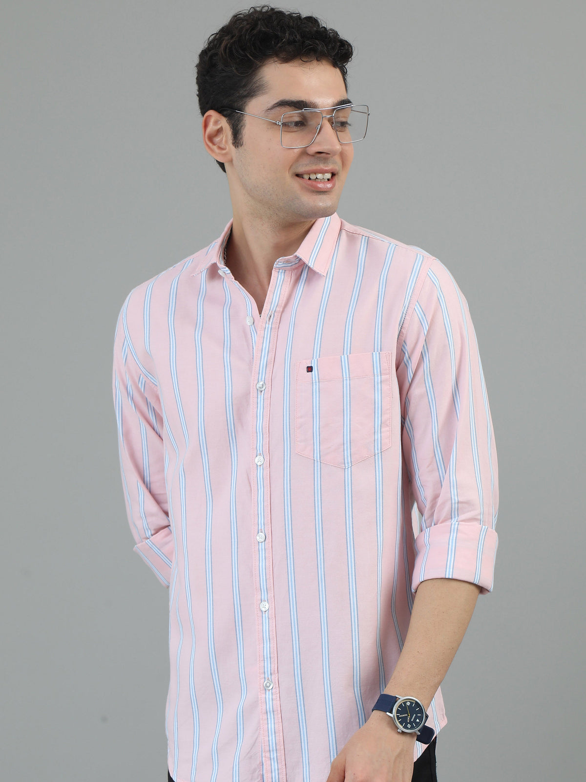 Men Light Pink Slim Fit Stripes Full Sleeve Casual Shirt