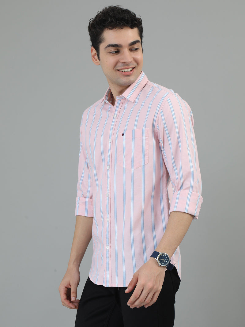 Men Light Pink Slim Fit Stripes Full Sleeve Casual Shirt