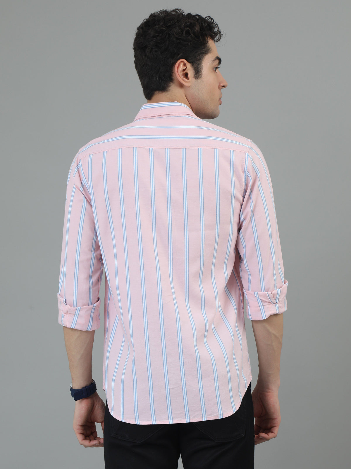 Men Light Pink Slim Fit Stripes Full Sleeve Casual Shirt