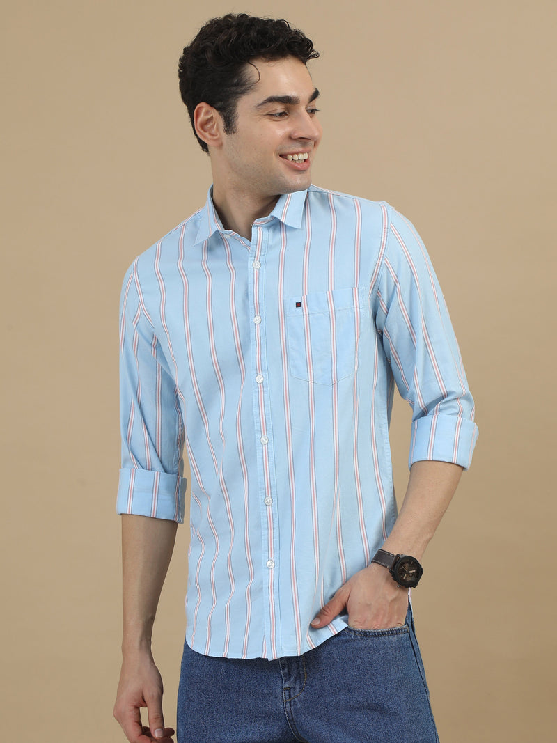 Men Sky Blue Slim Fit Stripes Full Sleeve Casual Shirt