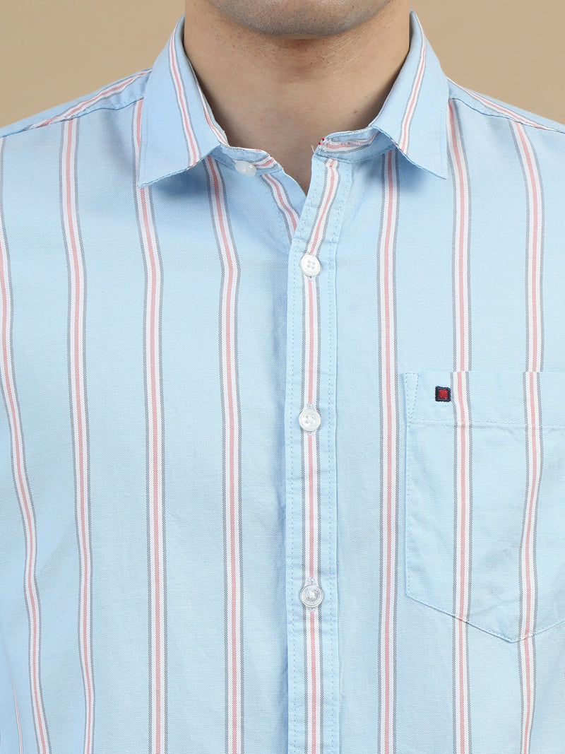 Men Sky Blue Slim Fit Stripes Full Sleeve Casual Shirt