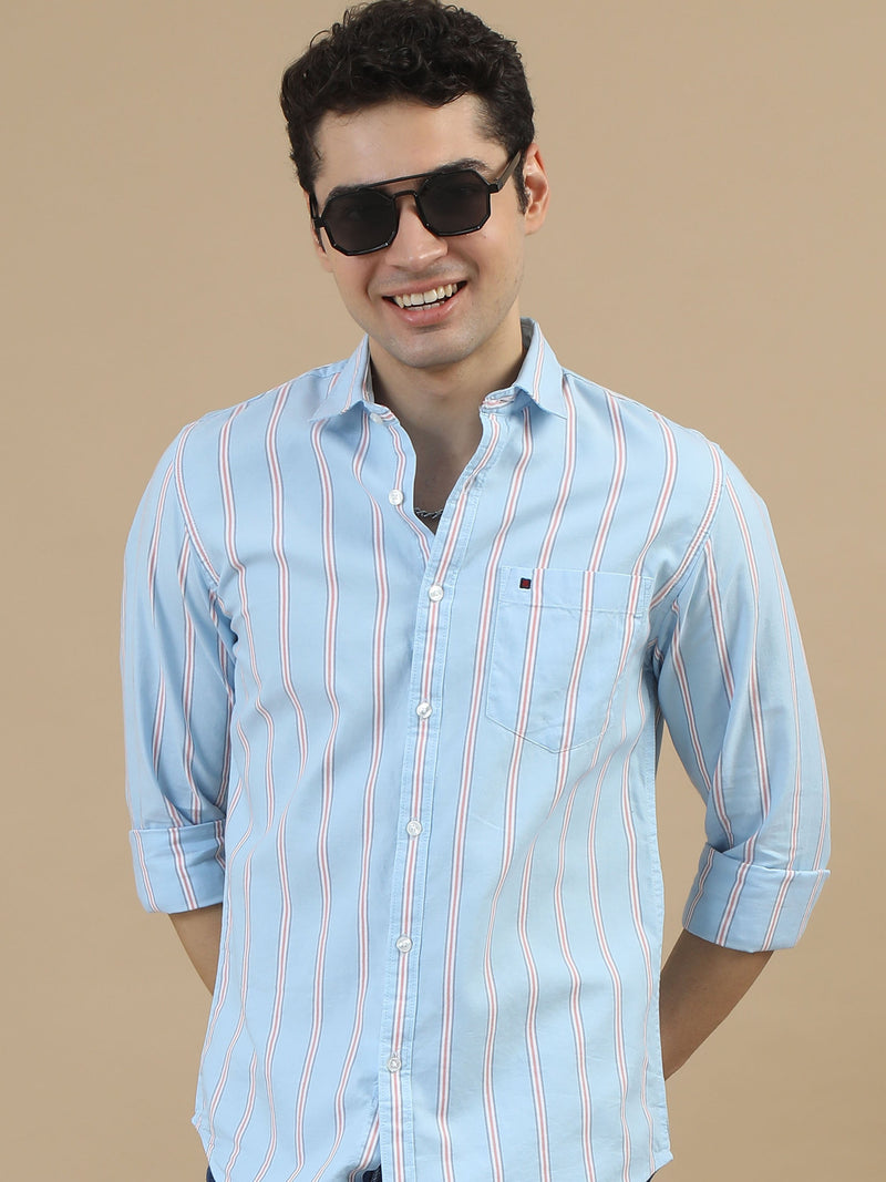 Men Sky Blue Slim Fit Stripes Full Sleeve Casual Shirt