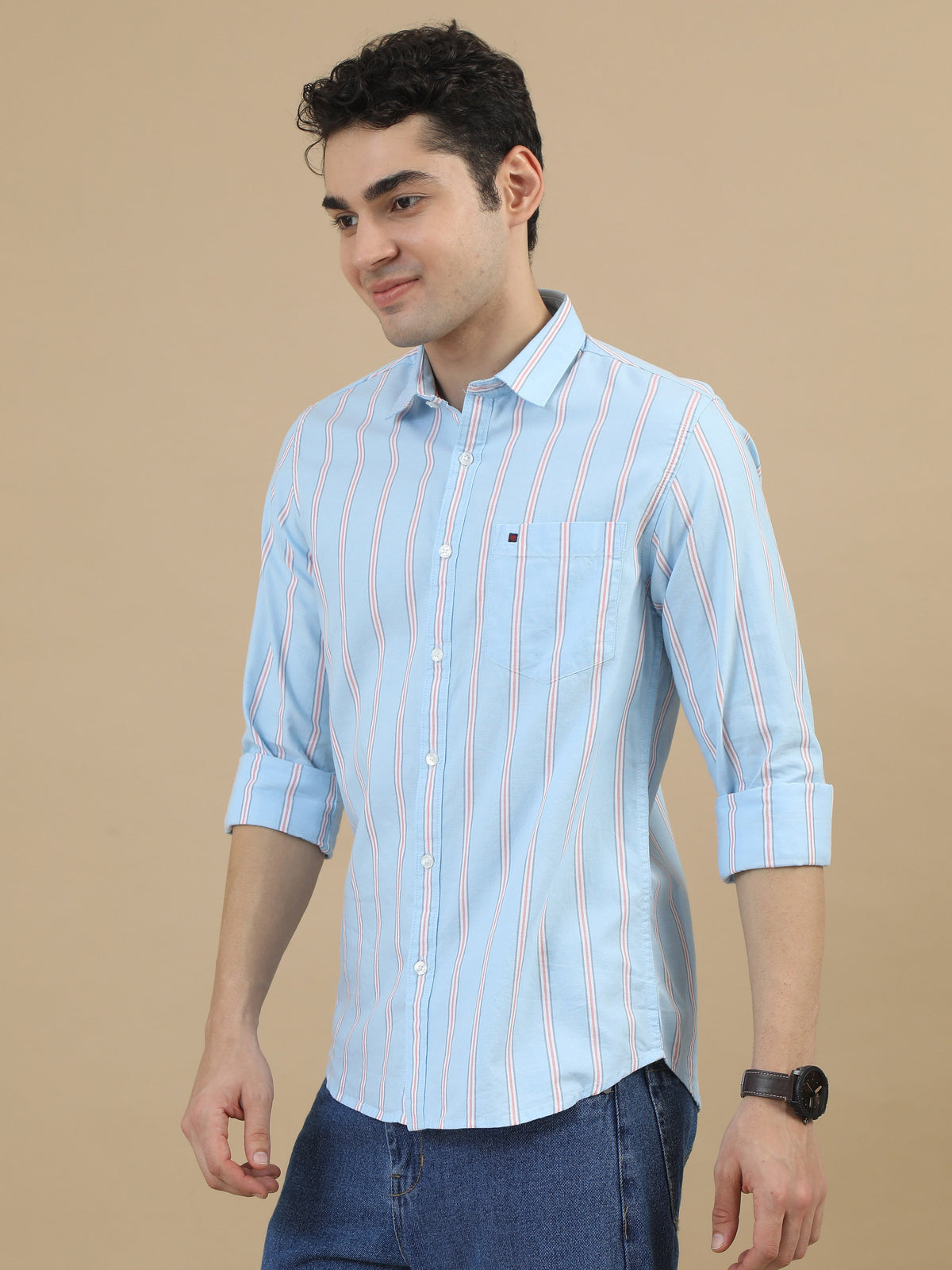 Men Sky Blue Slim Fit Stripes Full Sleeve Casual Shirt