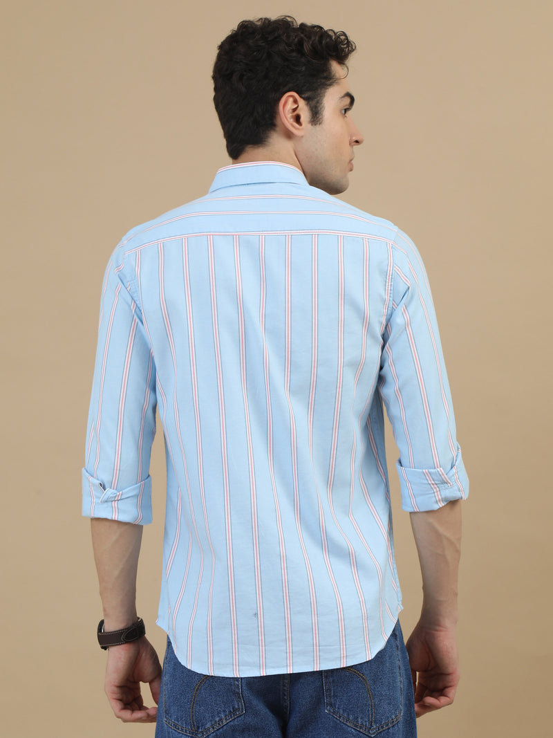 Men Sky Blue Slim Fit Stripes Full Sleeve Casual Shirt