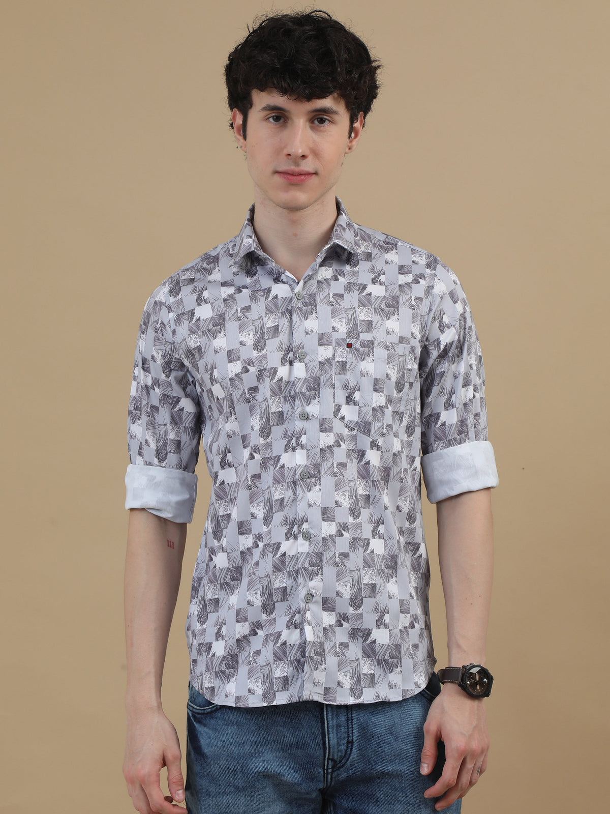 Men Light Purple Slim Fit Printed Full Sleeve Casual Shirt