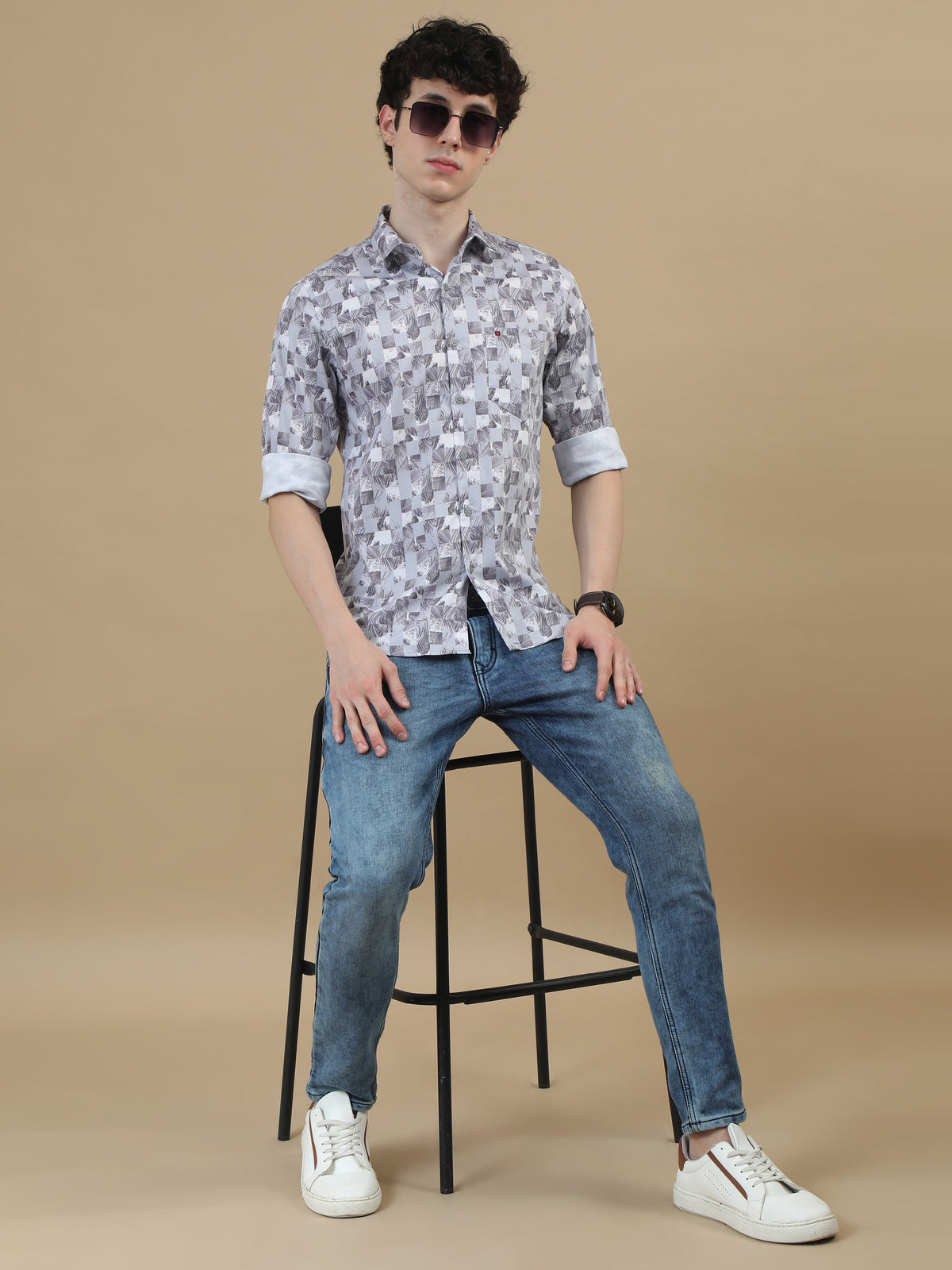 Men Light Purple Slim Fit Printed Full Sleeve Casual Shirt