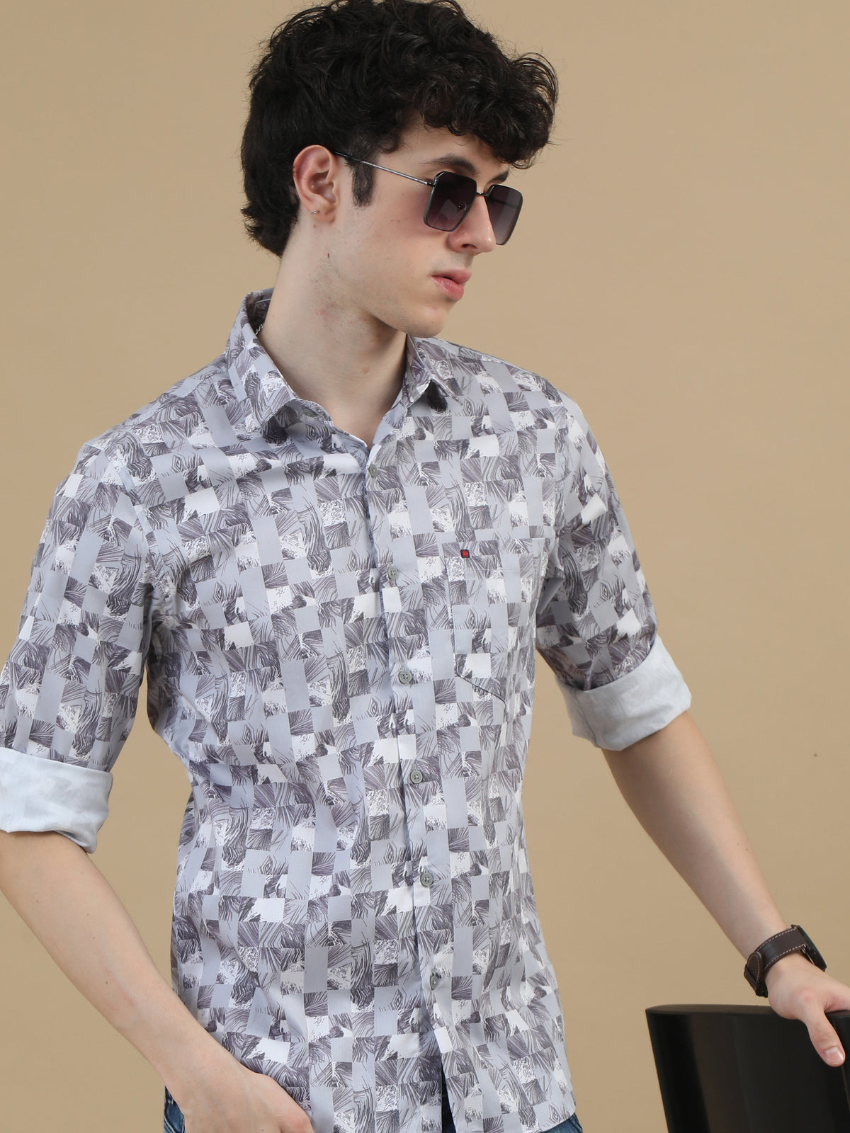 Men Light Purple Slim Fit Printed Full Sleeve Casual Shirt