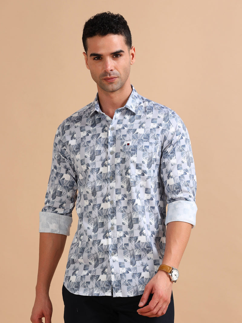 Men Light Grey Slim Fit Printed Full Sleeve Casual Shirt