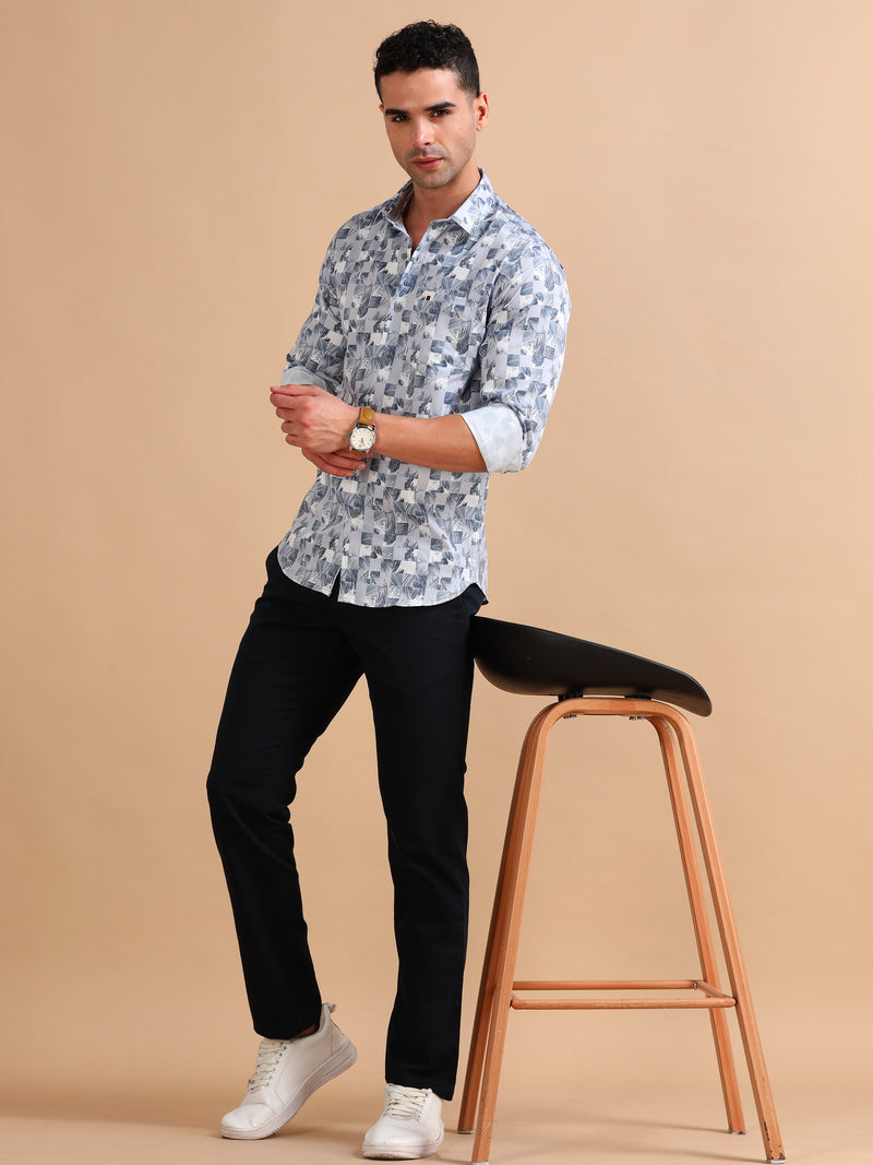 Men Light Grey Slim Fit Printed Full Sleeve Casual Shirt