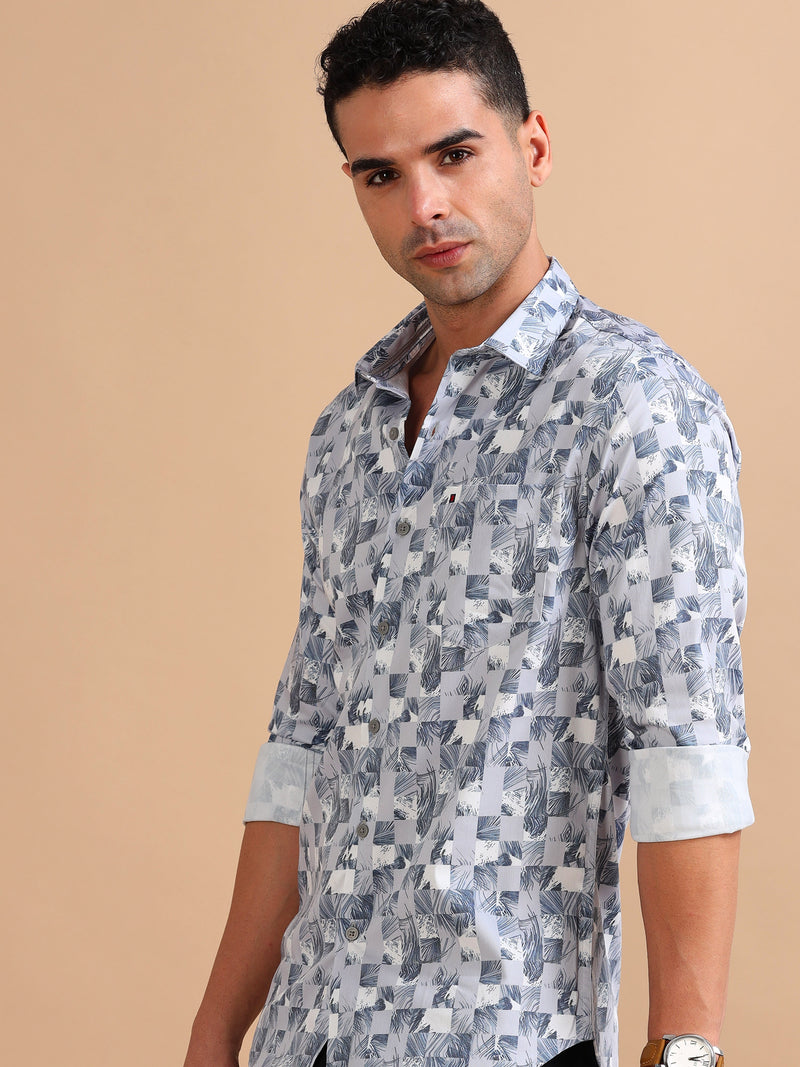 Men Light Grey Slim Fit Printed Full Sleeve Casual Shirt