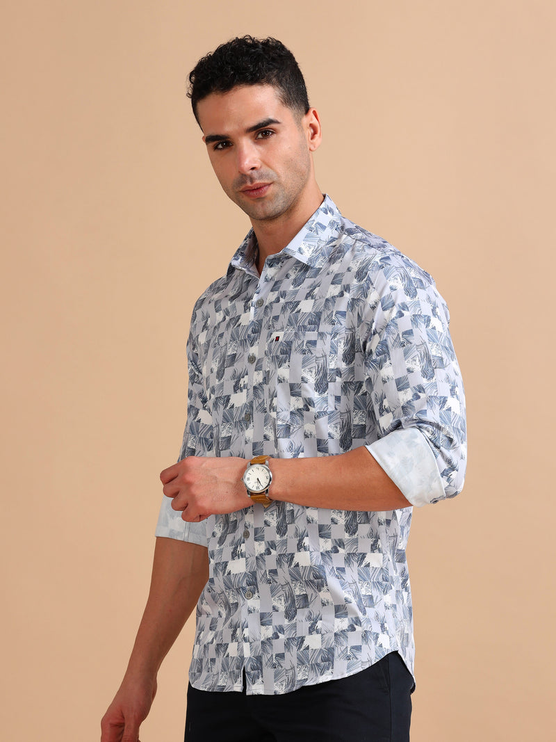 Men Light Grey Slim Fit Printed Full Sleeve Casual Shirt