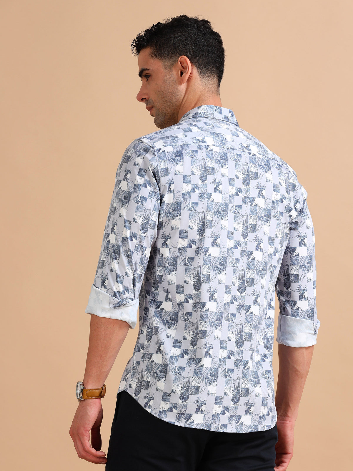 Men Light Grey Slim Fit Printed Full Sleeve Casual Shirt