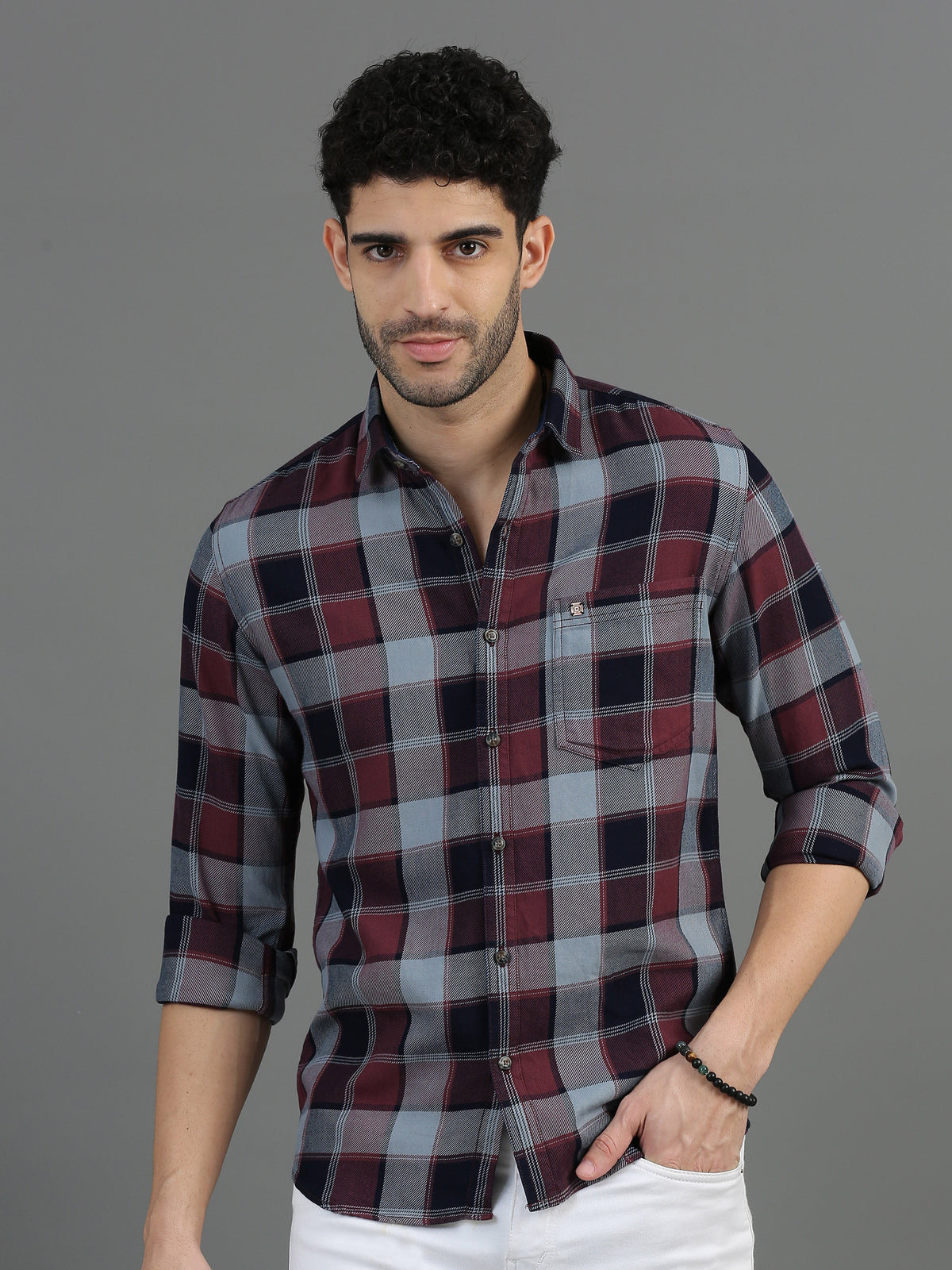 Men Maroon Slim Fit Checks Full Sleeve Casual Shirt