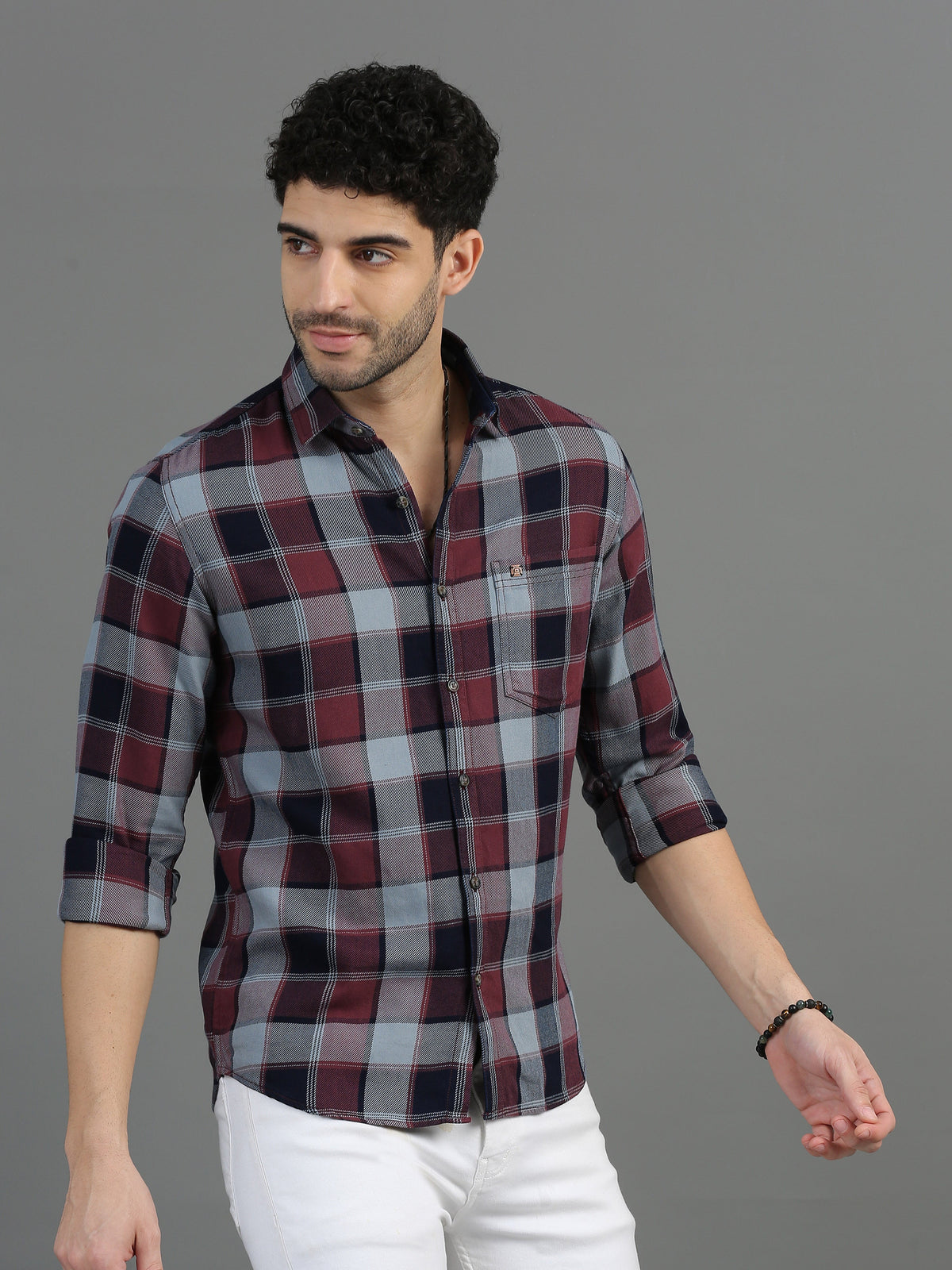 Men Maroon Slim Fit Checks Full Sleeve Casual Shirt