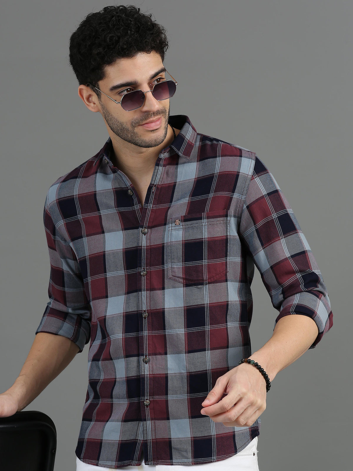 Men Maroon Slim Fit Checks Full Sleeve Casual Shirt