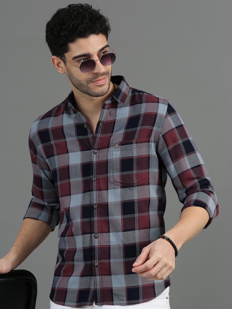 Men Maroon Slim Fit Checks Full Sleeve Casual Shirt