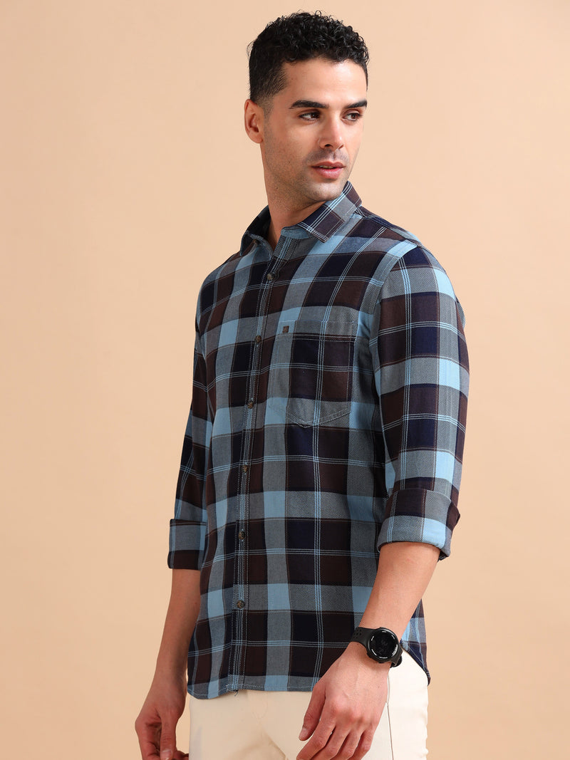 Men Blue Slim Fit Checks Full Sleeve Casual Shirt